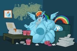anthro belly big_belly big_breasts blue_body blue_fur bodily_fluids breasts catboyz container cutie_mark dessert digital_media_(artwork) equid equine feathered_wings feathers female flabby_arms flabby_legs food friendship_is_magic fur furniture hair hasbro hi_res horse huge_belly ice_cream mammal morbidly_obese morbidly_obese_anthro morbidly_obese_female multicolored_hair my_little_pony nipples nude obese obese_anthro obese_female open_mouth overweight overweight_anthro overweight_female pizza pizza_box pizza_slice pony rainbow_dash_(mlp) rainbow_hair slob sofa solo tail text wings