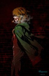 blood blood_on_face bodysuit breasts cigarette dark female highres hogerarara hood hooded_coat long_hair looking_to_the_side mecha_pilot_suit neon_genesis_evangelion orange_hair plugsuit_(evangelion) red_bodysuit skin_tight small_breasts smoke solo souryuu_asuka_langley standing twintails
