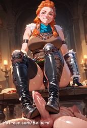 1boy 1girls ai_generated aloy artist_name balls belliora black_panties boots braid breasts candle clothed_female_nude_male cum cum_on_body female femdom freckles gloves green_eyes grin horizon_zero_dawn indoors large_breasts long_hair looking_at_viewer male necklace nude orange_hair panties patreon penis sitting smile solo_focus straight testicles thighhighs uncensored underwear web_address