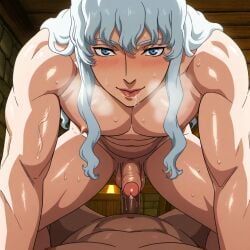 1boy 2boys ai_generated anal anal_sex anus berserk big_penis blue_eyes femboy gay griffith ikntlive inminent_sex looking_at_viewer male male_focus male_only male_pov masculine penis pleasure_face pov saliva white_hair white_stockings yaoi