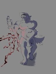 absurd_res anthro balls belly big_balls big_penis bodily_fluids canid canine clothing cum foreskin front_view genital_fluids genitals gruffmutts hat headgear headwear hi_res huge_cock hyper hyper_genitalia male male_only mammal melee_weapon muscular muscular_male nude one_piece penis shanks smile smiling_at_viewer solo sword swordsman thick_penis uncircumcised vein walking weapon
