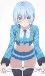 2.5_jigen_no_ririsa ai_generated artglass ass bending_forward blue_eyes blue_hair blue_jacket blush breasts embarrassed hair_between_eyes jacket leaning_forward necktie nonoa_(2.5_jigen_no_ririsa) panties removing_panties short_hair small_ass small_breasts thighhighs thighs white_panties