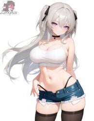 ai_generated bare_arms black_thighhighs blank_background cleavage cutoffs denim denim_shorts female female g-string grey_hair large_breasts long_hair midriff navel purple_eyes shorts skindentation sleeveless solo spaghetti_strap strap_pull tank_top thighhighs thong_pull thong_straps tight_clothing tight_shirt two_side_up zorkpics