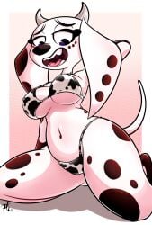 101_dalmatian_street 101_dalmatians 1girls 2025 anthro anthro_female anthro_only anthro_solo anthrofied anthropomorphic arm_behind_back arm_behind_head artist_signature bikini bikini_bottom bikini_top black_spots blue_eyes canid canine canis cow_bikini cow_horns cow_print cow_print_bikini cute_girl dalmatian digital_drawing_(artwork) digital_media_(artwork) disney dolly_(101_dalmatians) domestic_canine domestic_dog fangs female female_anthro female_canine female_dog female_focus female_only female_solo furry furry_female furry_only furryart hi_res high_resolution highres horns large_ears looking_at_viewer looking_at_you looking_down open_mouth open_smile pkbrnsh0ck_(artist) pose posing posing_for_the_viewer shaded simple_background sitting sitting_on_ground smile smiling smiling_at_viewer solo solo_anthro solo_female solo_focus spots spotted_body spotted_fur tail thighs two_piece_swimsuit underboob viewed_from_below white_body white_fur