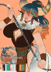 1girls animal_ears animal_tail bell big_breasts blue_eyes braid chains cleavage cowbell_collar diplomacyraptor dnd dungeons_and_dragons female horns long_hair looking_at_viewer lujordis minotaur minotaur_female pathfinder pathfinder_(oc) pinup pinup_pose ponytail saadis_revolution solo_female solo_focus tagme thighs zoe_(dracnic)