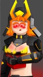 armor blush boobs_in_book_(meme) book burning covered_nipples dark_background female female_only fire fireguard_(shadow_fight_4) glowing glowing_eyes helmet looking_at_viewer medium_breasts orange_hair ouch_meme red_eyes robot robot_girl robot_humanoid shadow_fight shadow_fight_4 shadow_fight_arena shoulder_armor surprised