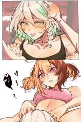 2girls absurdres amlichan bare_arms black_tank_top cecilia_immergreen clothes_lift collarbone commentary cunnilingus doll_joints english_commentary female gigi_murin green_eyes green_hair hand_on_another's_thigh highres hololive hololive_english hololive_english_-justice- joints multicolored_hair multiple_girls open_mouth oral pink_shirt shirt shirt_lift spread_legs streaked_hair tank_top tongue tongue_out virtual_youtuber white_hair yuri