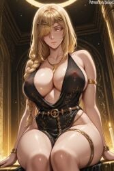 1girls ai_generated belt big_breasts blonde_hair braid braided_hair breasts clothed clothing crown curvy dress elden_ring female female female_only from_below fromsoftware golden_eyes long_hair looking_at_viewer mature_female necklace nipples nipples_visible_through_clothing patreon queen_marika_the_eternal salupai sitting solo solo_female thick_thighs thighs tiara uncensored watermark yellow_eyes