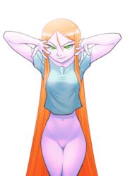 1girls 2018 belly_button blue_shirt bottomless breasts female female_only green_eyes long_hair navel orange_hair pussy shirt shirt_only solo the_pink_pirate valerie_lilly_vecula_castella_lorelei_evara_lucretia_williams vampire