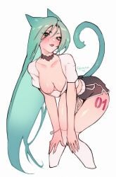 1girls cat_girl catgirl downblouse female green_hair greenu hatsune_miku_(cosplay) kneesocks leaning_forward nipple_slip nipples no_bra shorts solo standing tail vocaloid