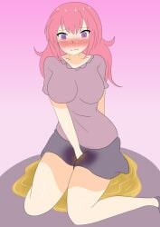 1girls @_@ blush breasts embarrassed female hand_between_legs izu95 large_breasts long_hair omorashi original pee_puddle peeing peeing_self pink_hair puddle purple_eyes skirt stained_skirt sweat urination urine wet wet_skirt wetting wetting_self wetting_skirt