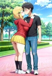 ai_generated big_ass big_breasts blonde_female blonde_hair blonde_hair blonde_hair_female hidaka_koharu high_score_girl huge_ass huge_breasts kissing outdoors thick thick_legs thick_thighs thighs