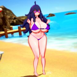 3d ahoge areolae areolae_peeking areolae_slip beach beach_background beachside bikini bikini_bottom bikini_top blush blush blush_lines blushing_at_viewer blushing_female bright_pupils character_focus dark_purple_hair daylight daytime focus french_tip french_toenails hands_up headband hex_maniac large_areolae large_ass large_breasts large_nipples long_legs looking_at_viewer nervous nipples ocean ocean_background purple_bikini purple_bikini_bottom purple_bikini_top purple_eyes purple_hair shy stiff_nipples swirly_eyes thick_thighs wide_hips
