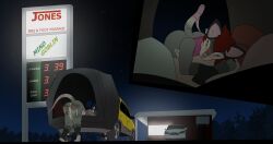 absurd_res american_opossum ass bodily_fluids body_writing bottomless car clothed clothing cum ear_piercing english_text fucked_silly gas_station genital_fluids hi_res leaking_cum male mammal marsupial no_underwear piercing pontiac pontiac_aztek presenting prostitution red_butt text vehicle vivid-day_(artist)