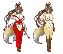 abstract_background big_breasts breasts brown_hair cameltoe canine clothed clothing color female fox fundoshi hair hand_on_hip kemono long_hair mammal model_sheet nipples nude ponytail pussy red_eyes shrine_maiden skimpy tied_hair underwear yadokami