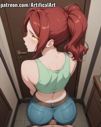 1boy 1girls ai_generated artifical_art ass big_breasts blue_pants blush enen_no_shouboutai fire_force jeans light-skinned_female light_skin lisa_isaribi long_hair orange_eyes penis penis_in_pussy perfect_body ponytail red_hair sex tied_hair torn_pants vaginal_penetration vaginal_sex voluptuous_female