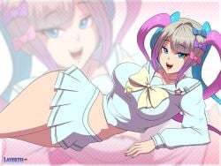 1girls blonde_hair blue_eyes blue_hair blue_skirt bow breasts chouzetsusaikawa_tenshi-chan female hair heart highres hips large_breasts layerth legs light-skinned_female light_skin long_hair long_sleeves looking_at_viewer multicolored_hair needy_girl_overdose needy_streamer_overload on_side purple_hair sailor_collar school_uniform serafuku skirt smile solo thick_thighs thighs wide_hips