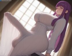 1futa ai_generated aiser0 balls big_ass blush erection fern_(sousou_no_frieren) futanari huge_breasts huge_cock indoors intersex large_breasts large_testicles long_dress looking_at_viewer penis precum see-through see-through_clothing sitting solo sousou_no_frieren sunlight testicles thick_thighs window