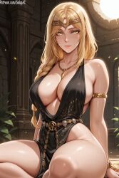 1girls ai_generated belt big_breasts blonde_hair braid braided_hair breasts clothed clothing crown curvy dress elden_ring female female_only fromsoftware golden_eyes long_hair looking_at_viewer mature_female necklace patreon posing queen_marika_the_eternal salupai sitting solo solo_female thick_thighs thighs tiara uncensored watermark yellow_eyes