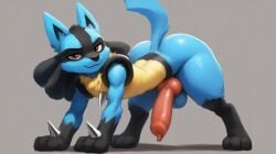2025 ai_generated animal_genitalia animal_penis anthro ass balls big_balls big_penis black_body black_fur blue_body blue_fur canid canine canine_penis erection fur generation_4_pokemon genitals hellsonger hi_res huge_cock humanoid_genitalia humanoid_penis knot looking_at_viewer lucario male male_only mammal nintendo nude penis pokemon pokemon_(species) red_eyes simple_background smile solo spikes yellow_body yellow_fur