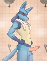 2025 3_fingers anthro artist_name balls black_inner_ear blue_balls blue_body blue_ears blue_fur blue_tail chest_spike digital_media_(artwork) erection fingers fur generation_4_pokemon genitals glans gloves_(marking) hand_on_hip hand_on_own_hip hand_spike hands_on_hips hands_on_own_hips hi_res humanoid_genitalia humanoid_penis looking_at_viewer lucaforever lucario male male_anthro markings multicolored_body multicolored_ears multicolored_fur navel nintendo nude nude_anthro nude_male penis pinup pokemon pokemon_(species) pose pupils red_eyes shower shower_head smile solo spikes spikes_(anatomy) standing steam tail text towel towel_around_neck wet wet_body white_towel yellow_body yellow_fur