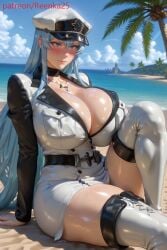 ai_generated akame_ga_kill! beach blue_eyes blue_hair cloud esdeath_(akame_ga_kill!) huge_breasts lying military_uniform ocean sand sky