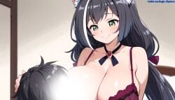 1boy 1girls aegis_elysium ai_art ai_generated alternate_breast_size animal_ears big_nipples blush breast_lick breast_licking breasts breasts_bigger_than_head breasts_licking breasts_out breasts_out_of_clothes breasts_pressed_together brown_eyes cat_ears cat_girl cleavage closed_eyes closed_mouth dress earrings female female_focus gem green_eyes hair_ornament headpiece highres holding holding_breast holding_breasts huge_breasts indoors jewelry karyl_(princess_connect!) kyaru kyaru_(princess_connect) large_breasts licking licking_breast licking_breasts long_hair looking_at_viewer male nervous nipples open_mouth pressing_breasts princess princess_connect princess_connect! princess_connect!_re:dive room sex sexy simple_background standing straight swept_bangs thighhighs tiara tongue touching_breast touching_breasts tsundere very_long_hair wall water watermark