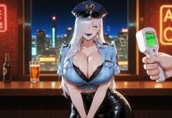 1boy 1girls absurd_res ai_generated bar_(place) cat_detector_(meme) closed_eyes cropped_jacket fate/grand_order fate_(series) female hair_over_one_eye happy huge_breasts indoors lace-trimmed_bra leather_pants liu_(artist) male male_out_of_frame meme meme_reference night omi-san_(fate) peaked_cap police_hat police_uniform policewoman shiny_clothes shiny_skin smiling thick_thighs tight_clothes tight_clothing voluptuous voluptuous_female wide_hips