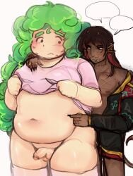 belly belly_grab black_hair black_skin chubby chubby_femboy chubby_male cute_face cute_penis fat fat_ass fat_belly fat_male femboy green_hair oc ocs original_character original_characters small_penis tiny_penis