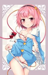 arai_togami blush border breasts checkered checkered_background covering dress_shirt eyeball female frills hairband heart highres jpeg_artifacts long_sleeves looking_at_viewer off_shoulder panties parted_lips pink_eyes pink_hair pussy satori_komeiji shirt short_hair small_breasts smile solo string third_eye_(touhou) touhou underwear white_panties wide_sleeves