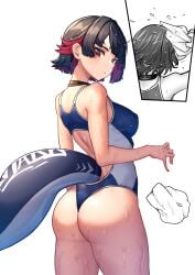 absurdres alternate_costume ass black_hair breasts closed_mouth colored_inner_hair commentary_request competition_swimsuit ellen_joe female fins fish_tail from_behind highres looking_at_viewer looking_back medium_breasts multicolored_hair nicchi one-piece_swimsuit red_eyes red_hair shark_girl shark_tail short_hair simple_background swimsuit tail wet wet_clothes wet_swimsuit white_background zenless_zone_zero