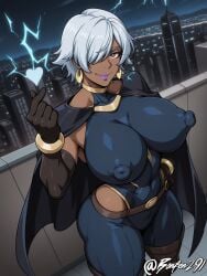 african_female ai_generated big_breasts bonfen291 brown_eyes cape city_background covered_nipples crescent_earrings dark-skinned_female electricity female finger_heart hair_over_one_eye huge_nipples looking_at_viewer marvel marvel_comics ororo_munroe purple_lips self_upload short_hair solo storm_(x-men) superhero_costume superheroine thick_thighs toned_female white_hair x-men x-men_(2011)