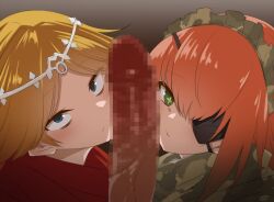 2girls artificial_eye blonde_hair blue_eyes camouflage_headwear camouflage_scarf censored circlet cloak cooperative_facejob cz2128_delta eyepatch fellatio female green_eyes irrumatio maid maid_headdress mechanical_eye multiple_girls neia_baraja oral overlord_(maruyama) penis_on_face pink_hair red_cloak sanpaku short_hair silver_circlet tori_(minamopa)