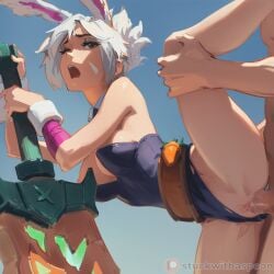 ai_assisted ai_generated belt bunny_costume bunny_ears bunnysuit holding_weapon league_of_legends male open_mouth penis riven sex short_hair sky spread_legs stuckwithaspoon sword vaginal_penetration vaginal_sex white_hair