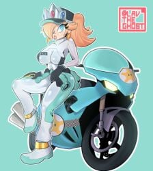 big_breasts blonde_female blonde_hair blue_eyes cap earrings fully_clothed gloves lavtheghost lipstick mario_kart mario_kart_world motorcycle posing princess_rosalina princess_rosalina_(pro_racer) racing_suit self_upload small_waist super_mario_bros. sweater_around_waist thick_thighs tight_clothing wide_hips