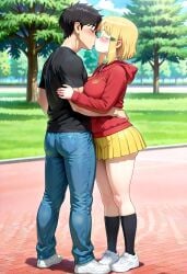 ai_generated big_ass big_breasts blonde_female blonde_hair blonde_hair blonde_hair_female hidaka_koharu high_score_girl huge_ass huge_breasts kissing outdoors thick thick_legs thick_thighs thighs