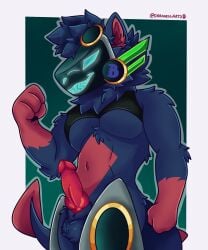 absurd_res animal_genitalia animal_penis anthro athletic balls blue_body blue_fur canid canine canine_genitalia canine_penis darkness_arts fox_becket fur genitals hi_res knot machine male male_focus male_only mammal muscular pecs penis protogen red_body red_fur red_penis smile smiling_at_viewer visor