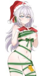 1girls absurd_res ahoge alisa_mikhailovna_kujou audirenze blue_eyes breasts closed_mouth commentary female fur-trimmed_gloves fur-trimmed_headwear fur_trim gloves green_ribbons grey_hair hat hi_res long_hair looking_at_viewer medium_breasts naked_ribbon navel nipples red_gloves red_hat ribbon santa_hat simple_background solo tokidoki_bosotto_russian_de_dereru_tonari_no_alya-san white_background