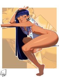 aztec barely_clothed black_hair brown_skin censored chel_(the_road_to_el_dorado) dark-skinned_female dark_skin exposed_ass hime_cut l4wless long_hair looking_back mayan mayan_mythology mosaic_censoring poncho sideboob simple_background solo_female the_road_to_el_dorado thick_thighs tribal unamused