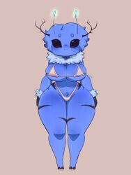 2025 2_toes absurd_res antennae_(anatomy) anthro antlers arm_tuft arthropod artist_name barely_visible_pussy bee beeatriz_(rabiosin) big_breasts biped blue_body blue_hair blush breasts choker crotch_tuft feet female front_view glowing glowing_antennae hair hi_res horn huge_breasts huge_hips huge_thighs hybrid hymenopteran insects jewelry looking_at_viewer mole_on_cheek navel necklace non-mammal_breasts non-mammal_navel non-mammal_pussy rabiosin ruff short_stack simple_background skimpy_bikini small_eyebrows small_waist smile solo striped_body stripes text thick_thighs toes tuft void_eyes wide_hips wrist_tuft