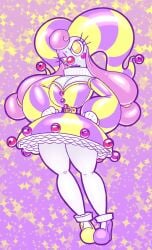 big_breasts clown_girl clown_nose frost-lock jester_hat pink_hair thick_thighs yellow_eyes