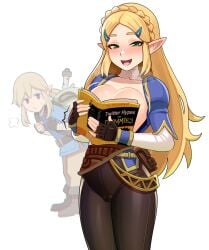 1boy black_pants blonde_hair blush boobs_in_book_(meme) book braid breasts breath brown_gloves cameltoe commentary_request crown_braid english_text eyelashes female gloves green_eyes hair_ornament hairclip holding holding_book large_breasts leaning_forward link long_hair looking_at_viewer male meme nintendo nose_blush open_mouth pants pointy_ears pouch princess_zelda puckered_lips rezodwel smile the_legend_of_zelda the_legend_of_zelda:_breath_of_the_wild white_background