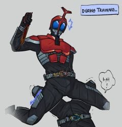 ! 2boys armor armored_male belt blue_eyes bodysuit comic comic_page english_text helmet hermitplastic holding_weapon kamen_rider kamen_rider_gatack kamen_rider_kabuto kamen_rider_kabuto_(series) looking_down lying lying_down lying_on_back male male/male male_focus male_on_top male_only mask masked masked_male realization red_armor straddling text training tremble_lines trembling trembling_legs yaoi