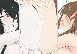 absurdres black_hair blush breast_contest breast_press breasts brown_hair catmito1412 clenched_teeth closed_eyes fubuki_(senran_kagura) highres huge_breasts lactation open_mouth reverse_nipple_penetration saliva senran_kagura senran_kagura_new_link symmetrical_docking tearing_up teeth toki_(senran_kagura) trembling