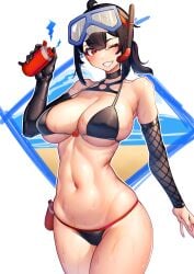 ;d absurdres ahoge alternate_costume bikini black_bikini black_choker black_gloves black_hair blush breasts choker cleavage collarbone elbow_gloves explosive female fishnet_sleeves fishnets gloves goggles goggles_on_head grace_howard grenade hair_between_eyes highres holding holding_grenade large_breasts long_hair looking_at_viewer navel nicchi one_eye_closed open_mouth orange_eyes ponytail single_elbow_glove skindentation smile snorkel solo stomach swim_goggles swimsuit thighs toned toned_female wet zenless_zone_zero