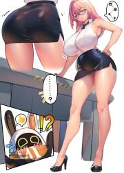 absurdres ass bangboo_(zenless_zone_zero) black_skirt breasts eous_(zenless_zone_zero) female glasses hair_between_eyes hand_on_own_hip high-waist_skirt high_heels highres large_breasts long_hair multiple_views nicchi nichesnake parted_lips pencil_skirt pink_eyes pink_hair shirt sidelocks simple_background skirt sleeveless sleeveless_shirt standing thick_thighs thighs tsukishiro_yanagi white_shirt zenless_zone_zero