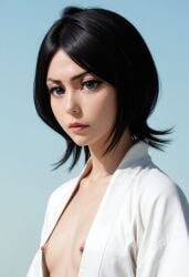 ai_generated areolae_peeking dark_hair kuchiki_rukia nipples open_robe petite realistic robe small_breasts