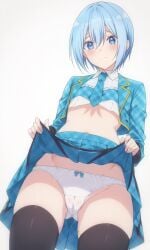 2.5_jigen_no_ririsa ai_generated artglass ass blue_eyes blue_hair breasts cameltoe from_below front_view hair_between_eyes nonoa_(2.5_jigen_no_ririsa) panties short_hair skirt_lift small_ass small_breasts thighhighs thighs white_panties