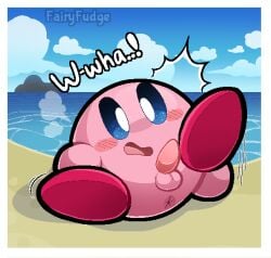 anus balls beach blue_eyes blush blush_lines digital_media_(artwork) emanata erection fairyfudge genitals kirby kirby_(series) male nintendo outside penis pink_body sea signature solo text water worried