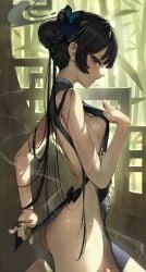 1girl ass black_hair blue_archive blue_eyes blush chinese_clothes dress female halo kisaki_(blue_archive) long_hair meltyrice no_bra no_panties sideboob solo_female video_game_character